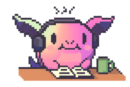 the up103 mascot — a pink creature with headphones, studying at a desk